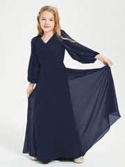 Robes de Demoiselle d'Honneur Junior à Manches Longues Modestes Bleu Marine