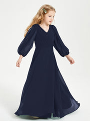Robes de Demoiselle d'Honneur Junior à Manches Longues Modestes Bleu Marine