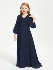 Robes de Demoiselle d'Honneur Junior à Manches Longues Modestes Bleu Marine