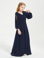 Robes de Demoiselle d'Honneur Junior à Manches Longues Modestes Bleu Marine