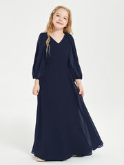 Robes de Demoiselle d'Honneur Junior à Manches Longues Modestes Bleu Marine