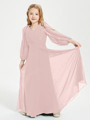 Robes de Demoiselle d'Honneur Junior à Manches Longues Modestes Rose Poudré