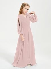 Robes de Demoiselle d'Honneur Junior à Manches Longues Modestes Rose Poudré