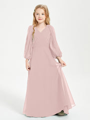 Robes de Demoiselle d'Honneur Junior à Manches Longues Modestes Rose Poudré