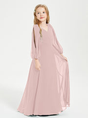 Robes de Demoiselle d'Honneur Junior à Manches Longues Modestes Rose Poudré