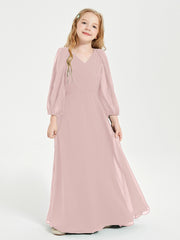 Robes de Demoiselle d'Honneur Junior à Manches Longues Modestes Rose Poudré