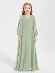 Robes de Demoiselle d'Honneur Junior à Manches Longues Modestes Sauge Poudrée