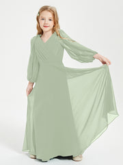 Robes de Demoiselle d'Honneur Junior à Manches Longues Modestes Sauge Poudrée