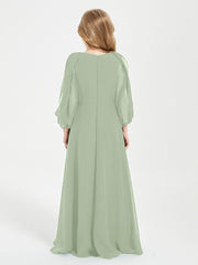 Robes de Demoiselle d'Honneur Junior à Manches Longues Modestes Sauge Poudrée