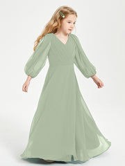 Robes de Demoiselle d'Honneur Junior à Manches Longues Modestes Sauge Poudrée