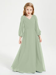 Robes de Demoiselle d'Honneur Junior à Manches Longues Modestes Sauge Poudrée