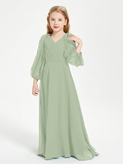 Robes de Demoiselle d'Honneur Junior à Manches Longues Modestes Sauge Poudrée