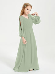 Robes de Demoiselle d'Honneur Junior à Manches Longues Modestes Sauge Poudrée