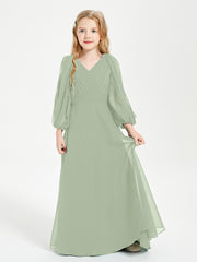 Robes de Demoiselle d'Honneur Junior à Manches Longues Modestes Sauge Poudrée
