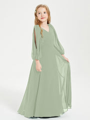 Robes de Demoiselle d'Honneur Junior à Manches Longues Modestes Sauge Poudrée
