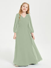 Robes de Demoiselle d'Honneur Junior à Manches Longues Modestes Sauge Poudrée