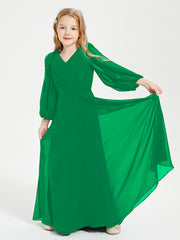 Robes de Demoiselle d'Honneur Junior à Manches Longues Modestes Emeraude