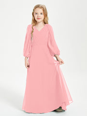Robes de Demoiselle d'Honneur Junior à Manches Longues Modestes Flamant
