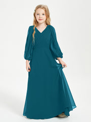 Robes de Demoiselle d'Honneur Junior à Manches Longues Modestes Bleu Encre