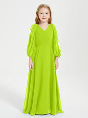 Robes de Demoiselle d'Honneur Junior à Manches Longues Modestes Vert Citron