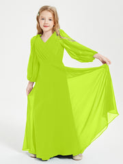 Robes de Demoiselle d'Honneur Junior à Manches Longues Modestes Vert Citron