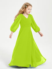 Robes de Demoiselle d'Honneur Junior à Manches Longues Modestes Vert Citron