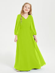 Robes de Demoiselle d'Honneur Junior à Manches Longues Modestes Vert Citron