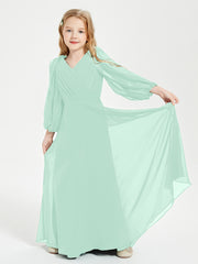 Robes de Demoiselle d'Honneur Junior à Manches Longues Modestes Vert Menthe