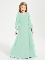 Robes de Demoiselle d'Honneur Junior à Manches Longues Modestes Vert Menthe