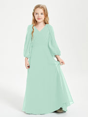 Robes de Demoiselle d'Honneur Junior à Manches Longues Modestes Vert Menthe