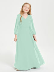 Robes de Demoiselle d'Honneur Junior à Manches Longues Modestes Vert Menthe