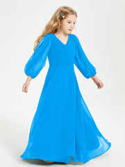 Robes de Demoiselle d'Honneur Junior à Manches Longues Modestes Bleu Océan