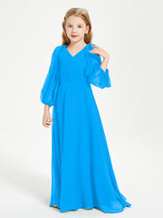 Robes de Demoiselle d'Honneur Junior à Manches Longues Modestes Bleu Océan