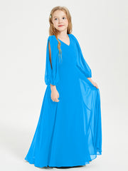 Robes de Demoiselle d'Honneur Junior à Manches Longues Modestes Bleu Océan