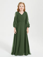 Robes de Demoiselle d'Honneur Junior à Manches Longues Modestes Olive Verte