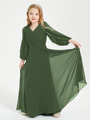 Robes de Demoiselle d'Honneur Junior à Manches Longues Modestes Olive Verte