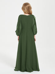 Robes de Demoiselle d'Honneur Junior à Manches Longues Modestes Olive Verte