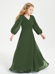 Robes de Demoiselle d'Honneur Junior à Manches Longues Modestes Olive Verte