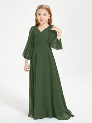 Robes de Demoiselle d'Honneur Junior à Manches Longues Modestes Olive Verte