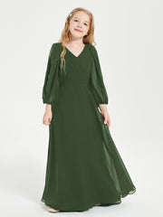 Robes de Demoiselle d'Honneur Junior à Manches Longues Modestes Olive Verte