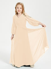 Robes de Demoiselle d'Honneur Junior à Manches Longues Modestes Pêche