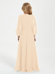 Robes de Demoiselle d'Honneur Junior à Manches Longues Modestes Pêche