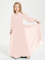 Robes de Demoiselle d'Honneur Junior à Manches Longues Modestes Rose Perle