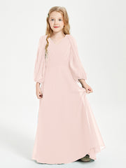 Robes de Demoiselle d'Honneur Junior à Manches Longues Modestes Rose Perle
