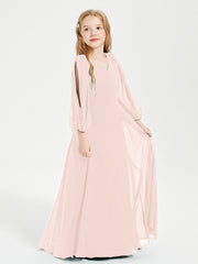 Robes de Demoiselle d'Honneur Junior à Manches Longues Modestes Rose Perle