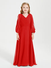 Robes de Demoiselle d'Honneur Junior à Manches Longues Modestes Rouge