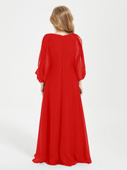 Robes de Demoiselle d'Honneur Junior à Manches Longues Modestes Rouge