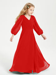 Robes de Demoiselle d'Honneur Junior à Manches Longues Modestes Rouge