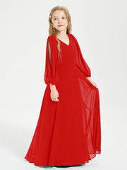 Robes de Demoiselle d'Honneur Junior à Manches Longues Modestes Rouge