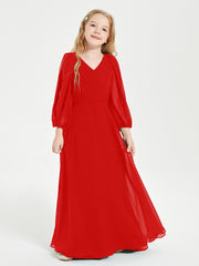 Robes de Demoiselle d'Honneur Junior à Manches Longues Modestes Rouge